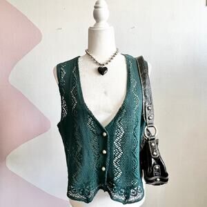Vintage Green Crochet Lace Vest Womens Y2K 2000s Retro Boho Medium